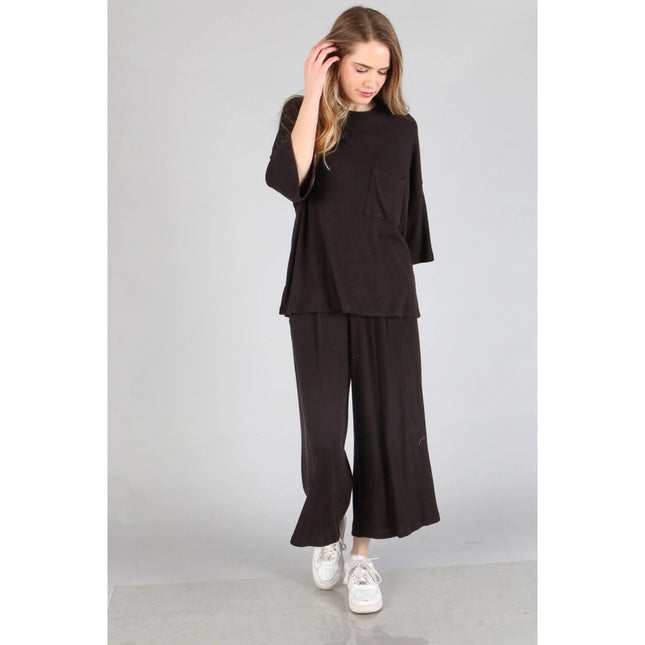 Plus - Brushed Wide Leg Pants Black-Pants-Peace Love Line-Urbanheer