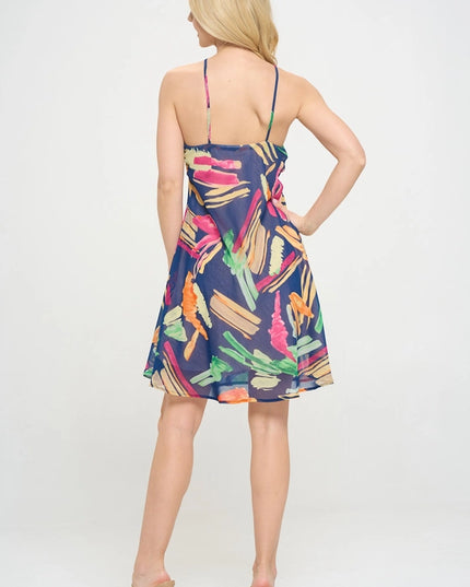 Print Halter Neck Swing Dress Navy-Dress-Renee C.-Urbanheer