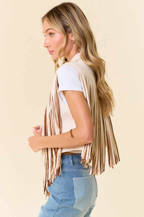 Cream Open Front Contrast Fringe Vest- Western Look-Jacket-Saints & Hearts-Urbanheer