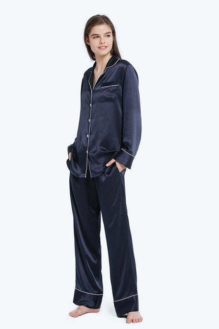 His & Hers Piped Silk Pajamas Navy Blue-Pajamas-MommeSilk-XS-Women's-Urbanheer