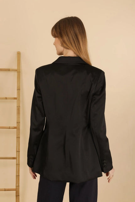 Plain Fitted Satin Jacket Black-Jacket-Attentif Paris-Urbanheer