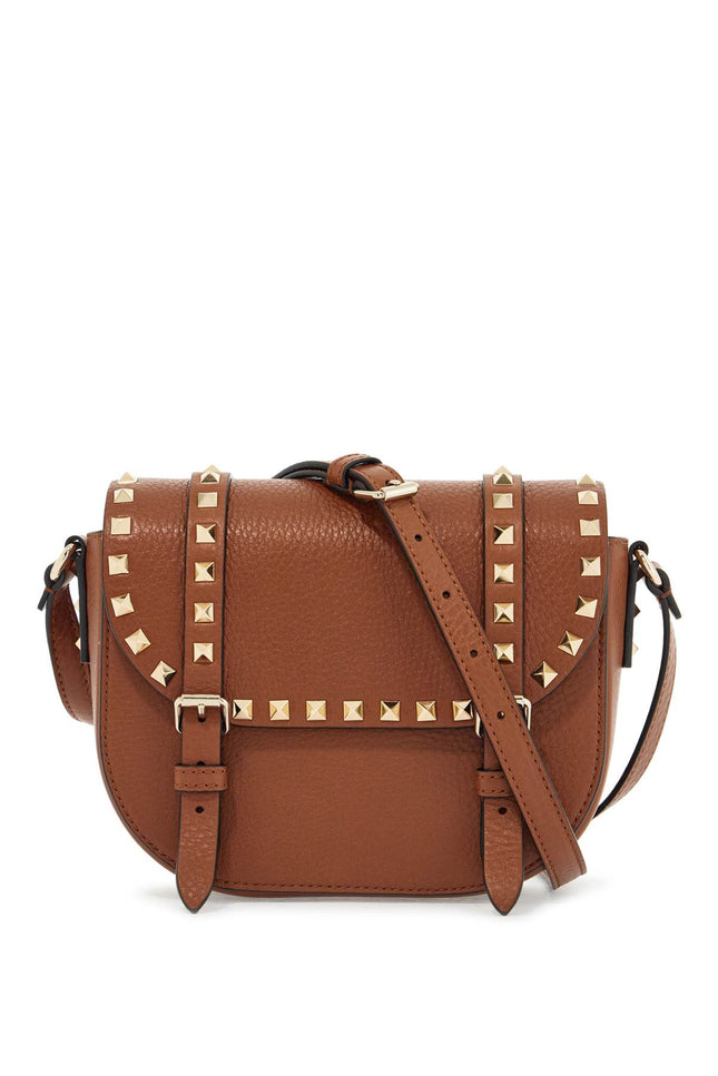 Valentino Garavani small messenger crossbody bag in brown hammered leather with studs