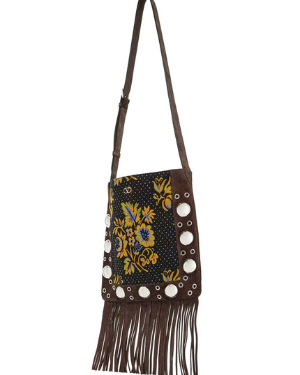 Valentino Garavani multicolored floral crossbody bag in dark brown with fringes