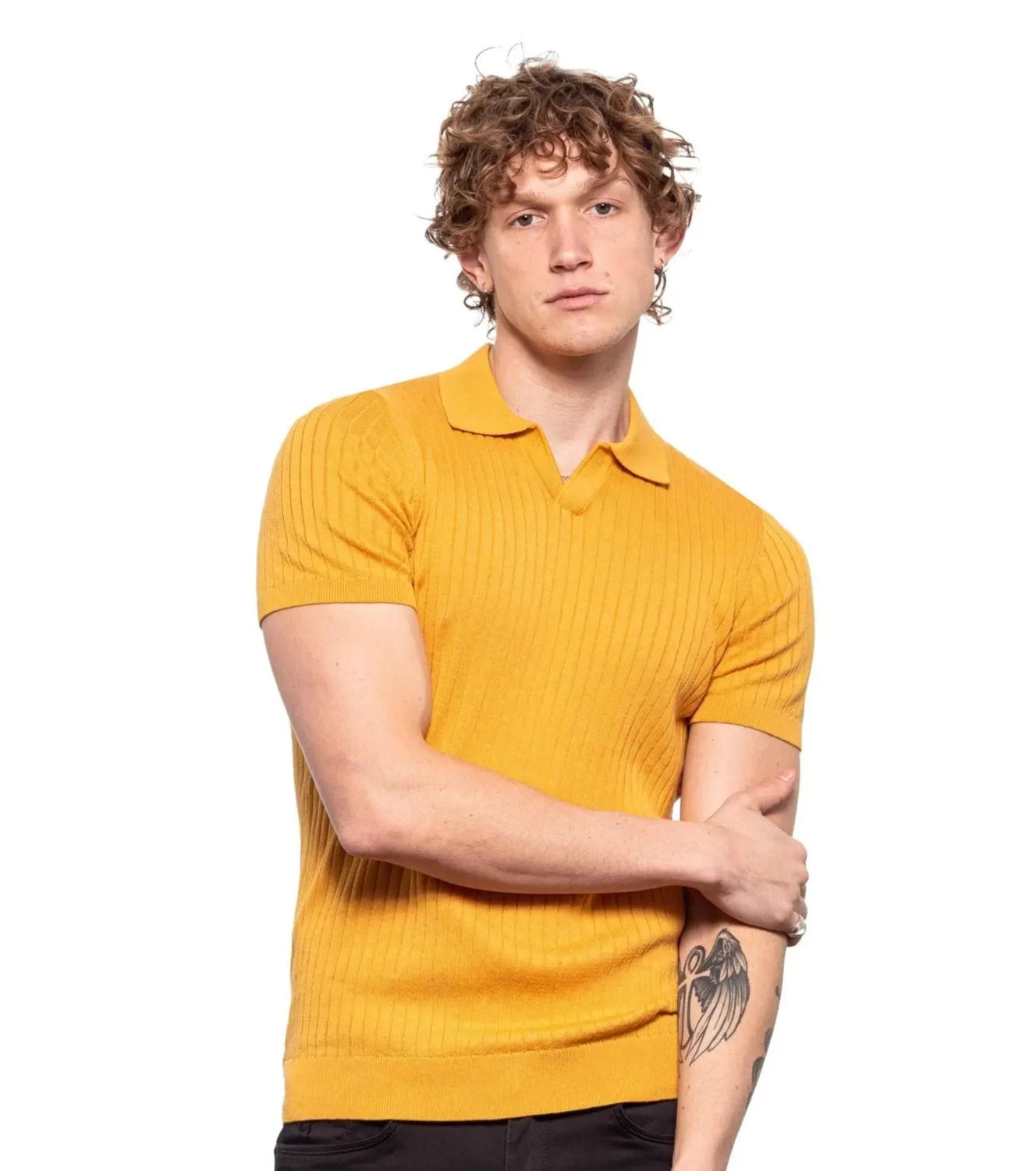 Ribbed Knit Polo - Mustard-Clothing - Men-Eight X-Urbanheer