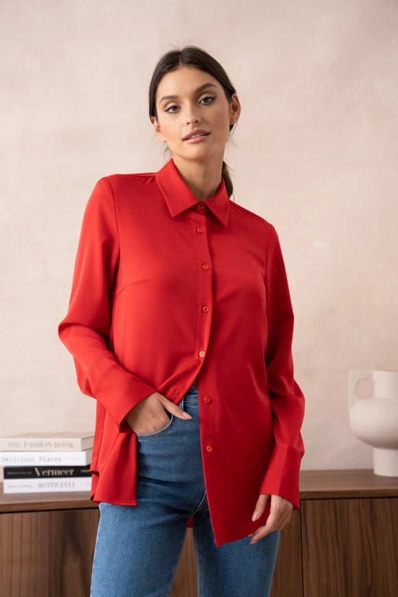 Plain Satin Shirt with Lapel Collar Red-SHIRT-Attentif Paris-Urbanheer