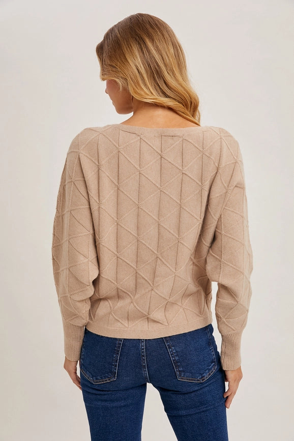 Long Sleeve Boat Neck Diamond Knit Sweater BEIGE