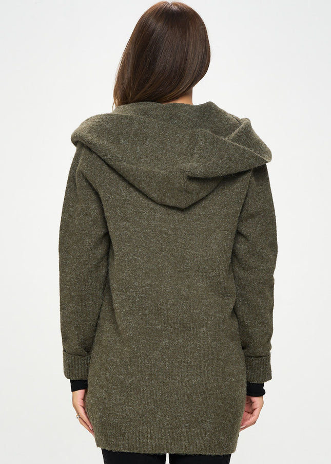 Olive Knit Open Front Cardigan With Hoodie And Zipper Detail-Renee C.-Urbanheer