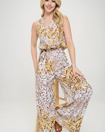 Made in USA Print V Neck Sleeveless Jumpsuit with Tie Multi-Colored-Jumpsuit-Renee C.-Multi-Colored-S-Urbanheer