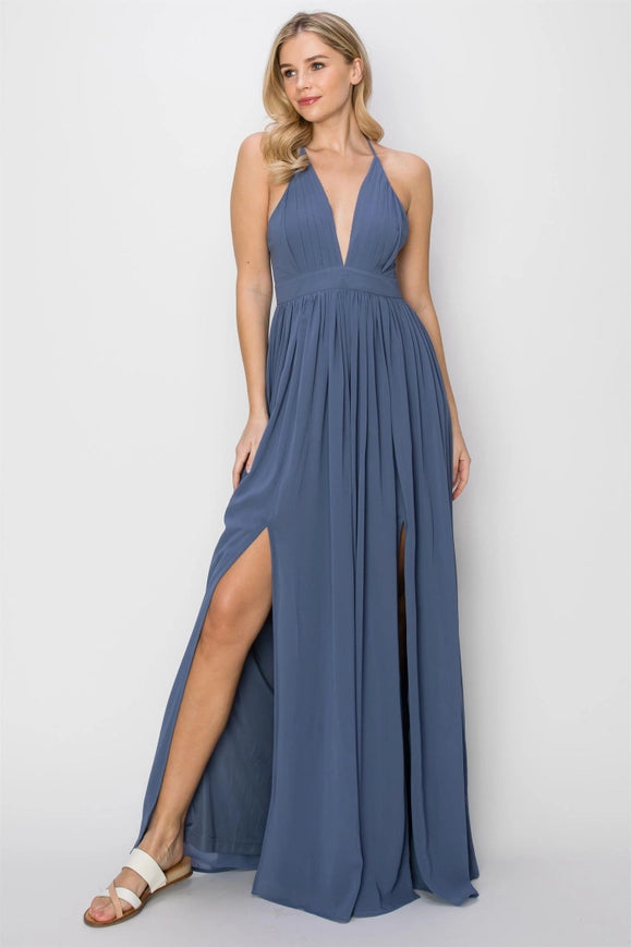 SLEEVELESS Double Strap Slit Maxi Dress MIDNIGHT BLUE-Dress-HYFVE-Urbanheer