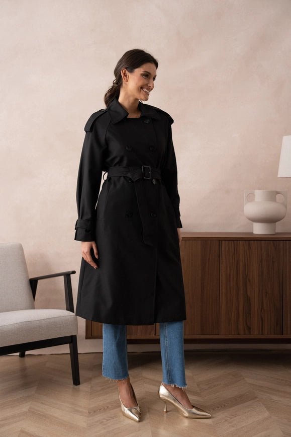 Long Trench Coat with Belt Black-COAT-Attentif Paris-Urbanheer