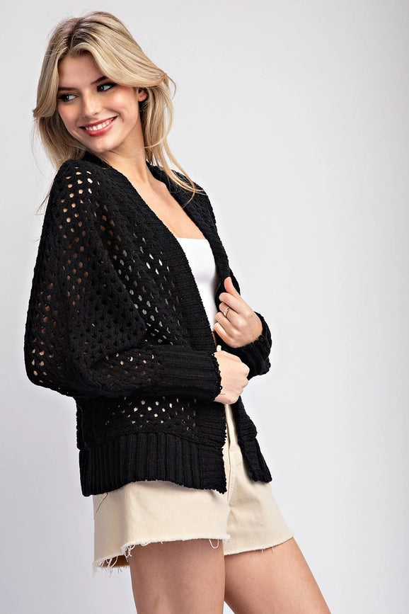 Plus - Long Sleeve Crochet Open Front Cardigan BLACK