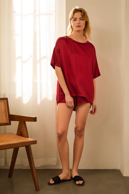 Lazy Silk Short Pajamas Claret-Pajamas-MommeSilk-Urbanheer