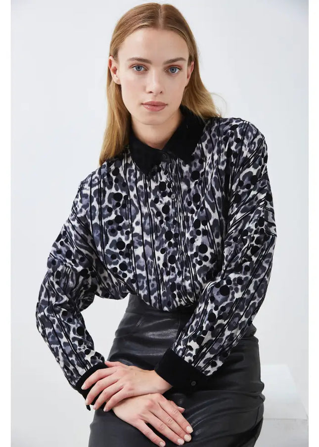 Leopard Print Shirt With Velvet Details-Clothing - Women-ELLI WHITE-Grey-S-Urbanheer