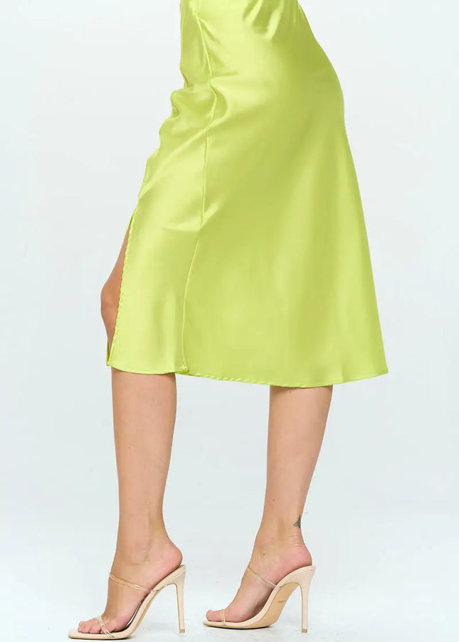 Solid Satin Midi Skirt With Slit-Renee C.-Urbanheer