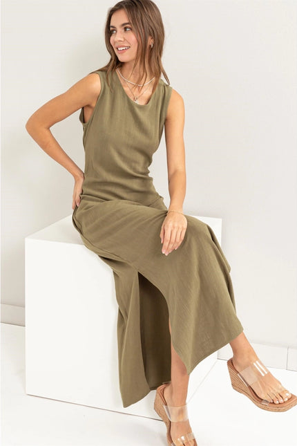 D-LINEN Blended Tie Waist Dress OLIVE-Dress-HYFVE-M-Urbanheer