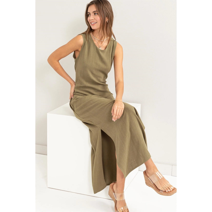 D-LINEN Blended Tie Waist Dress OLIVE-Dress-HYFVE-M-Urbanheer