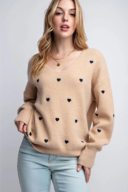 Plus Size Heart Pattern Boxy Knit Pullover Sweater Taupe-SWEATER-Pink Irene Wholesale-Urbanheer