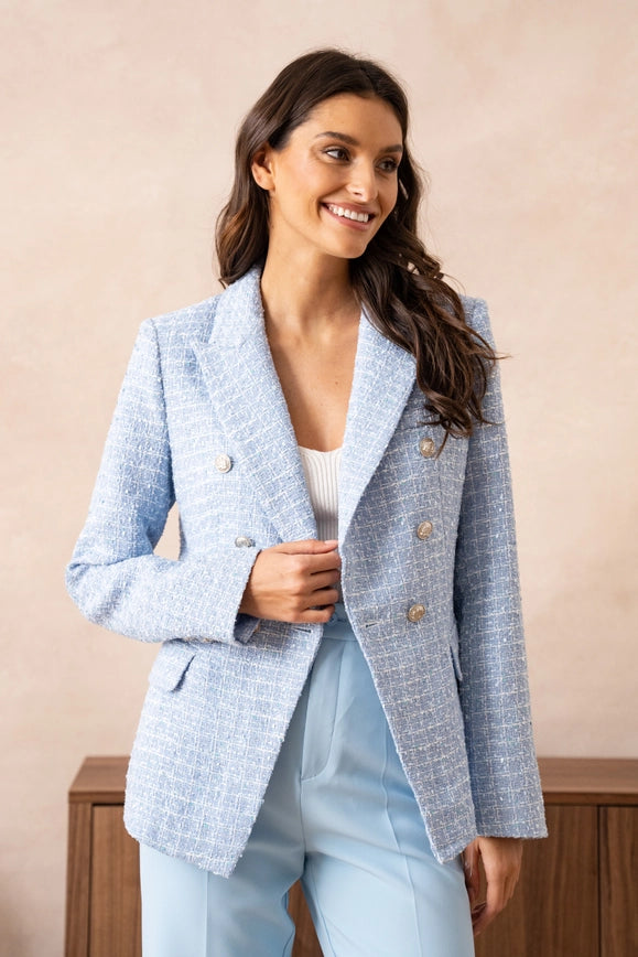 Tweed Blazer Jacket Sky Blue-Jacket-Attentif Paris-Urbanheer