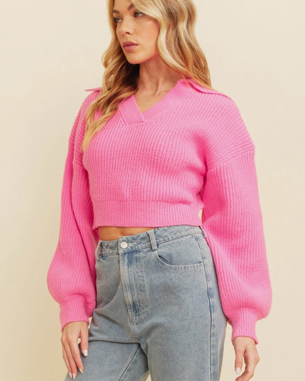 Ribbed Cropped Polo Sweater.-Sweater-Cloud Ten-Urbanheer