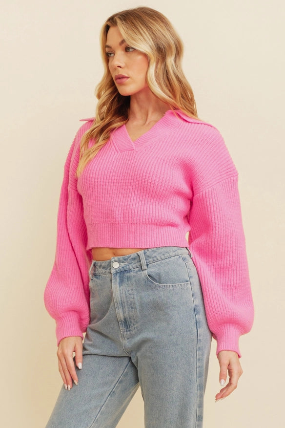 Ribbed Cropped Polo Sweater.-Sweater-Cloud Ten-Urbanheer