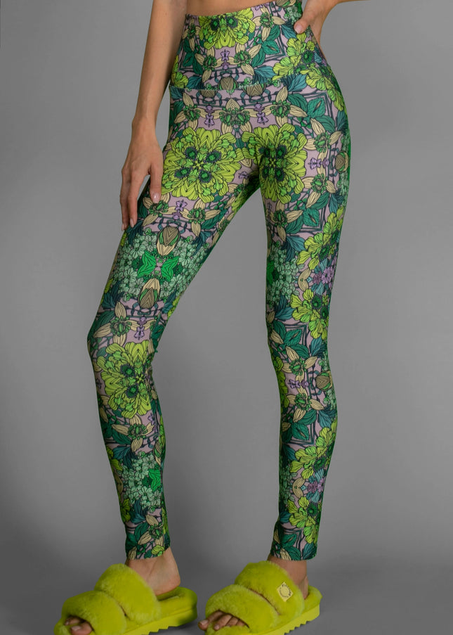 Stretchy Psychedelic Botanical Printed Green Garden Leggings-Nuvula-Urbanheer