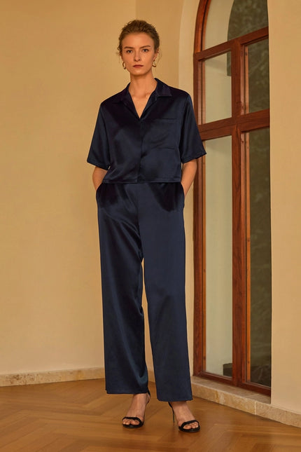 Short Sleeve Silk Pajamas Navy Blue-Pajamas-MommeSilk-Urbanheer