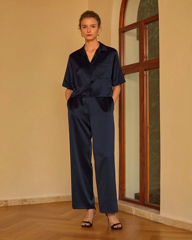 Short Sleeve Silk Pajamas Navy Blue-Pajamas-MommeSilk-Urbanheer