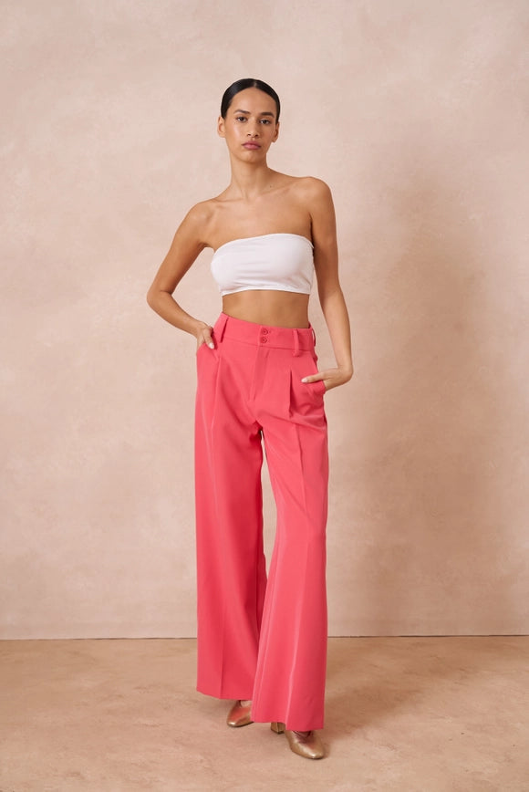 Wide-Cut Plain Pants with Double Breasted Fuchsia-Pants-Attentif Paris-Urbanheer