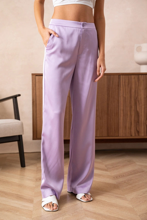 Satin Straight Cut Pants Lilac-Pants-Attentif Paris-Urbanheer