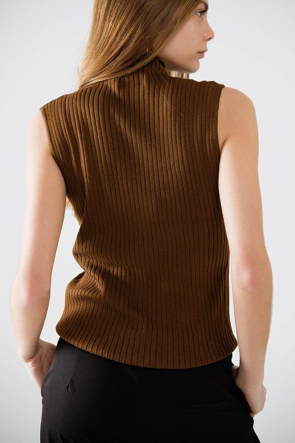 Sleeveless Fine Knit Wool Sweater in Brown