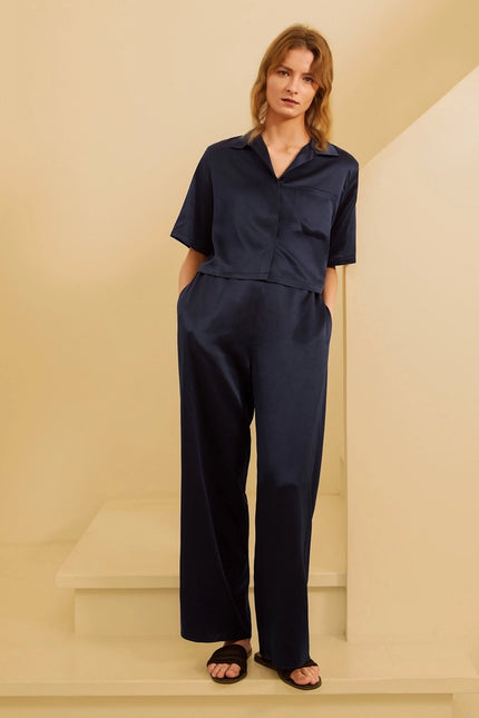 Short Sleeve Silk Pajamas Navy Blue-Pajamas-MommeSilk-Urbanheer