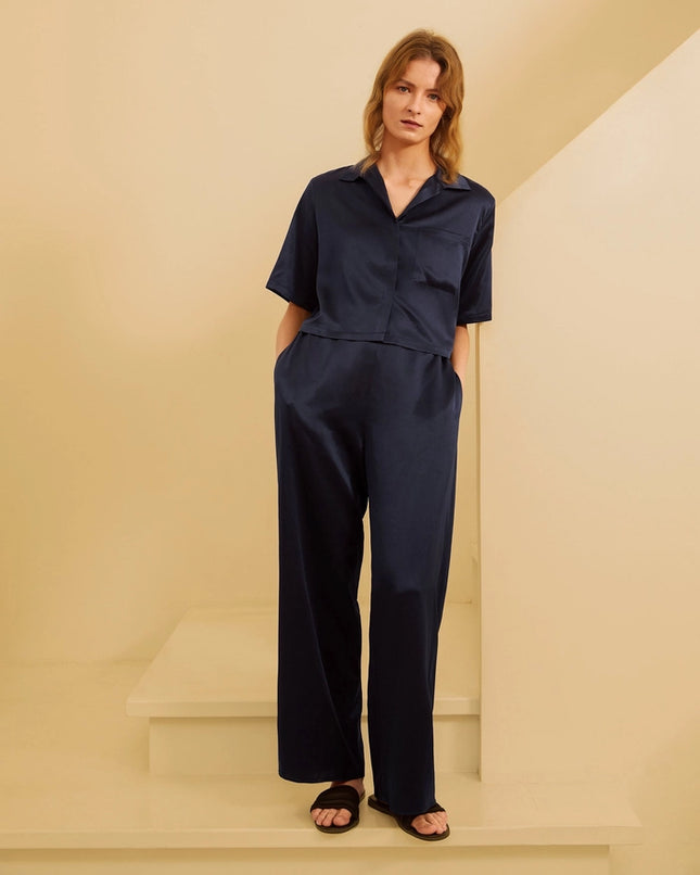 Short Sleeve Silk Pajamas Navy Blue-Pajamas-MommeSilk-Urbanheer