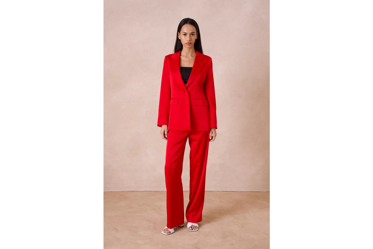 Satin Plain Fitted Jacket Red-Jacket-Attentif Paris-S-Urbanheer