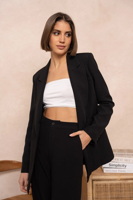 Signature Asymmetric Mid-Length Double-Breasted Plain Jacket Black-Jacket-Attentif Paris-S-Urbanheer