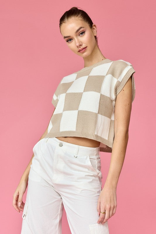 Hannah Loose Fit Checker Knit Top Taupe-TOP-Papermoon-Urbanheer