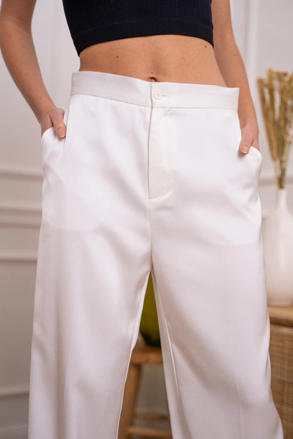 Satin Straight Cut Pants White-Pants-Attentif Paris-Urbanheer