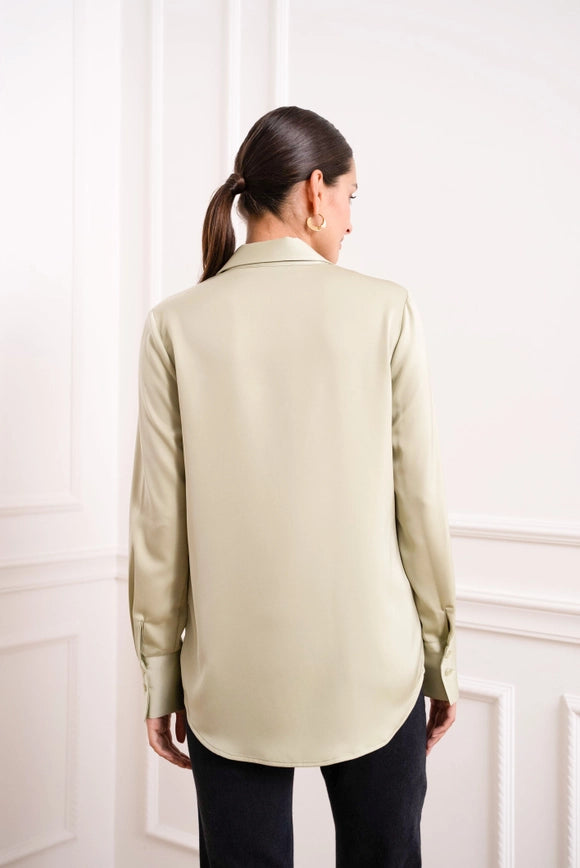 Plain Satin Shirt with Lapel Collar Water Green-SHIRT-Attentif Paris-Urbanheer