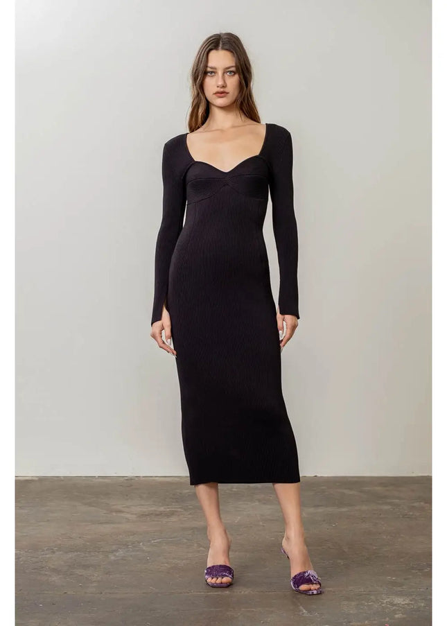 Ribbed Sweater Midi Dress-Moon River-Black-S-Urbanheer