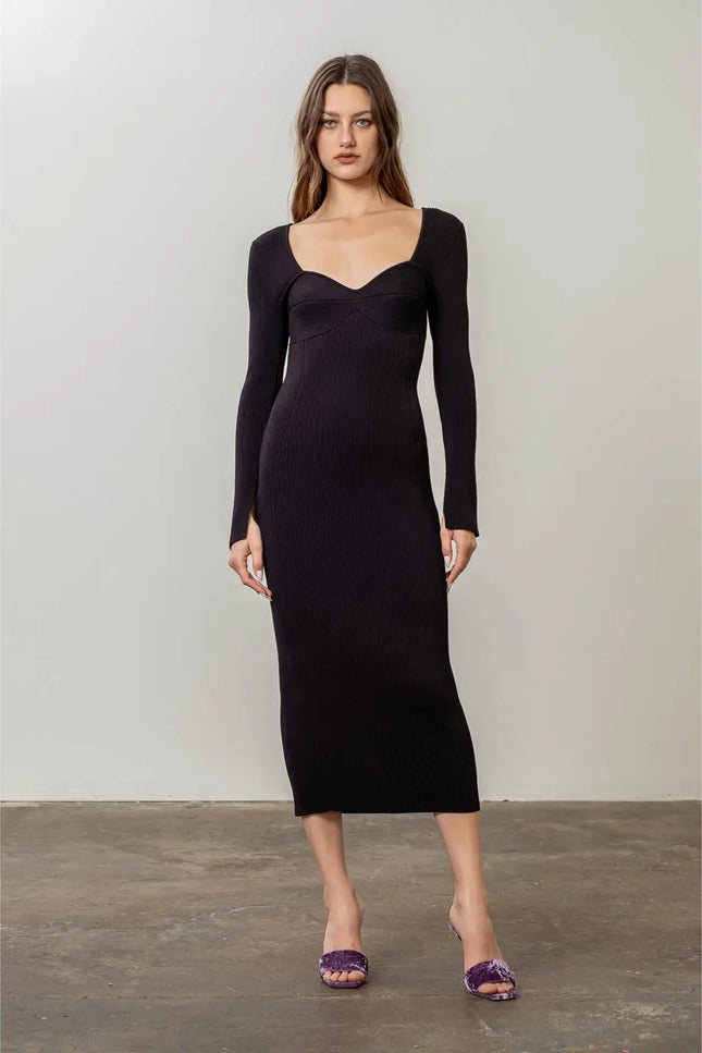 Ribbed Sweater Midi Dress-Moon River-Black-S-Urbanheer