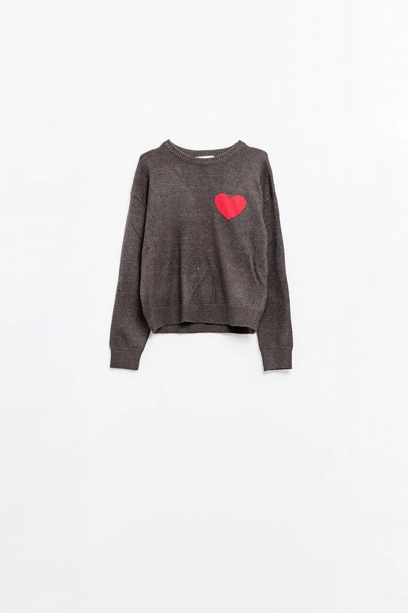 Carbon Grey Sweater with Red Heart Detail