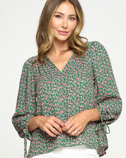 Floral Print Top With Self Tie Sleeves-Renee C.-Urbanheer