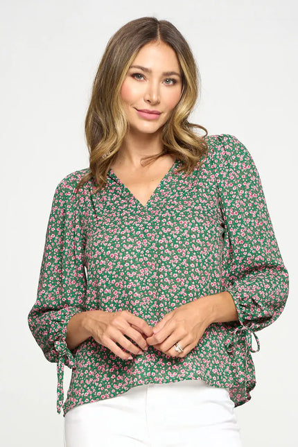 Floral Print Top With Self Tie Sleeves-Renee C.-Urbanheer