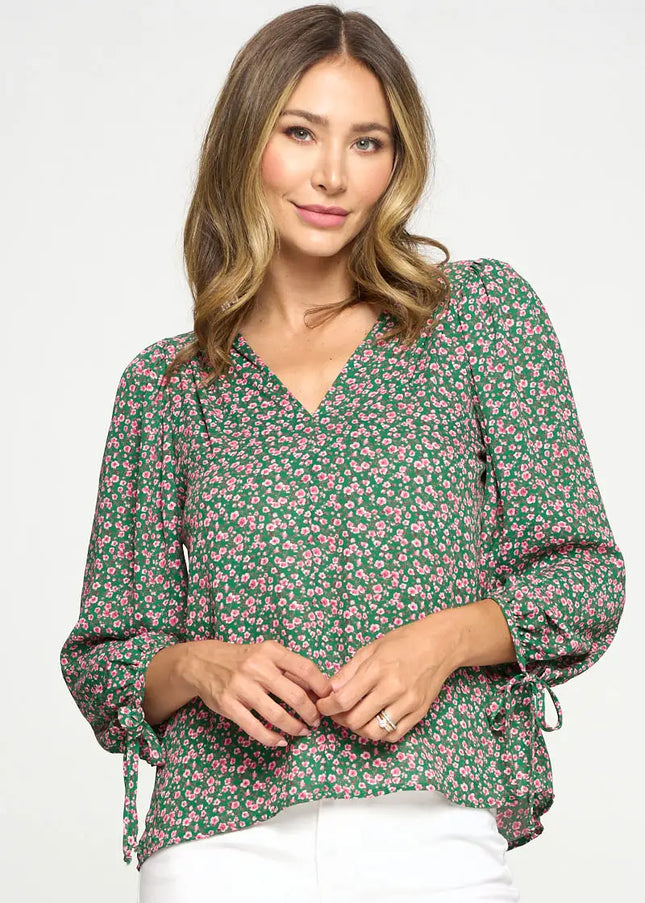 Floral Print Top With Self Tie Sleeves-Renee C.-Urbanheer