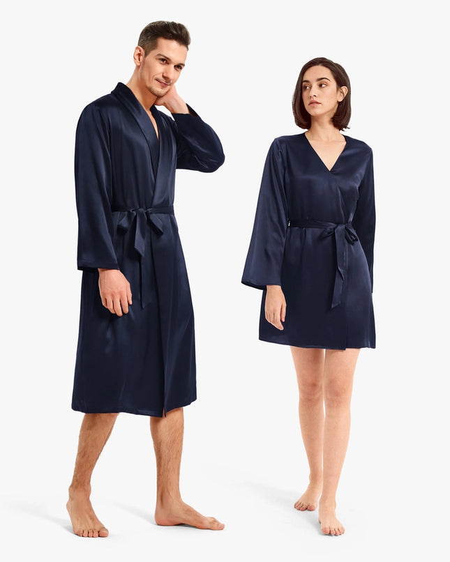 His & Hers Silk Smooth Robes Navy Blue-Pajamas-MommeSilk-Urbanheer