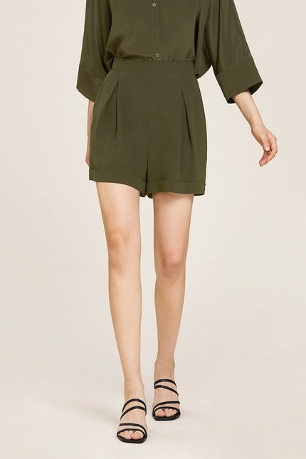 Weekend Oversize Silk Co-Ord Set Olive Green-Sets-MommeSilk-Urbanheer