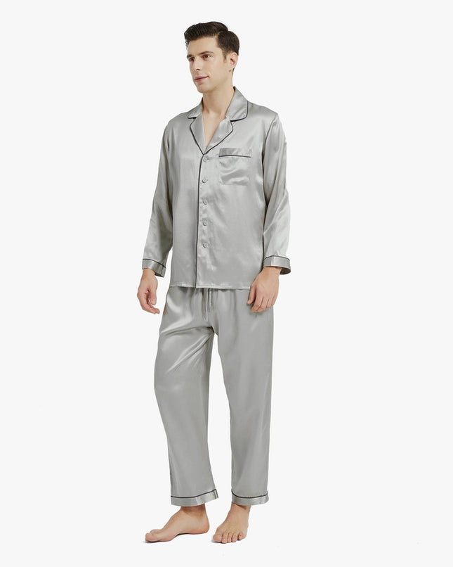 Piped Silk Pajamas - For Men Silver Gray-Pajamas-MommeSilk-XS-Urbanheer