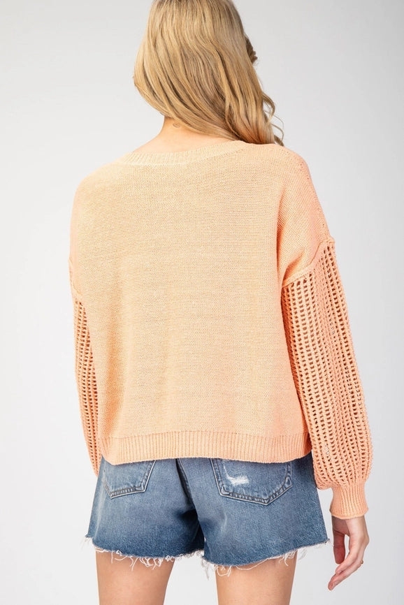 Open Knit Long Sleeve Sweater Top APRICOT