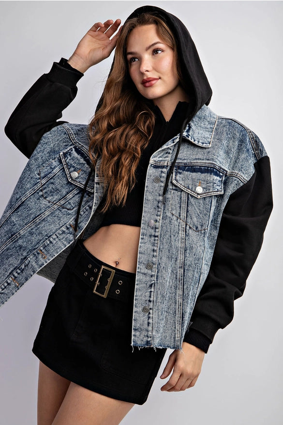 Drawstring Hooded Denim Jacket-Jacket-EDIT by NINE-Urbanheer