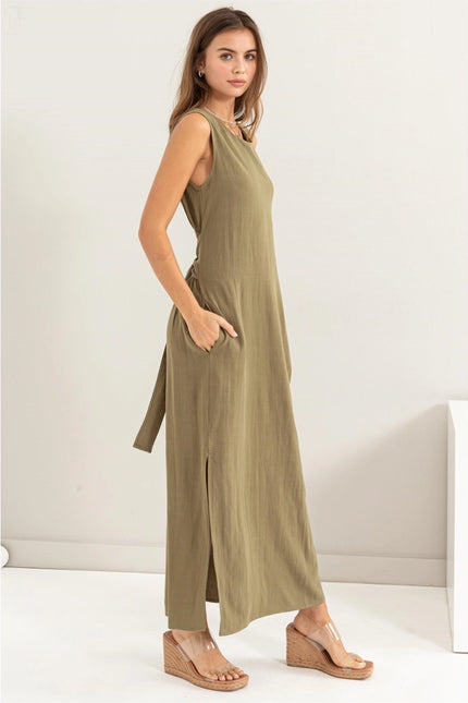 D-LINEN Blended Tie Waist Dress OLIVE-Dress-HYFVE-Urbanheer