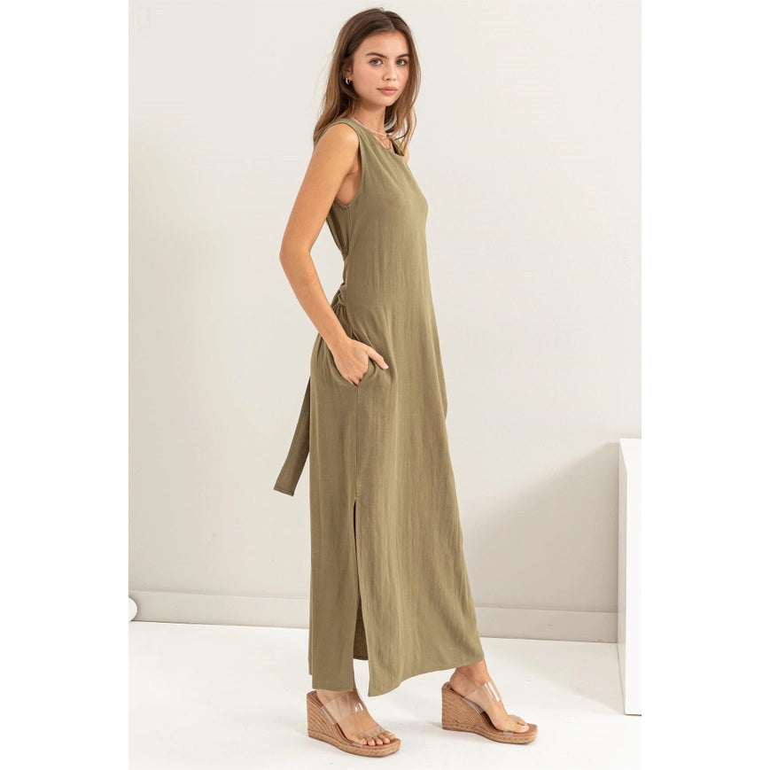 D-LINEN Blended Tie Waist Dress OLIVE-Dress-HYFVE-Urbanheer